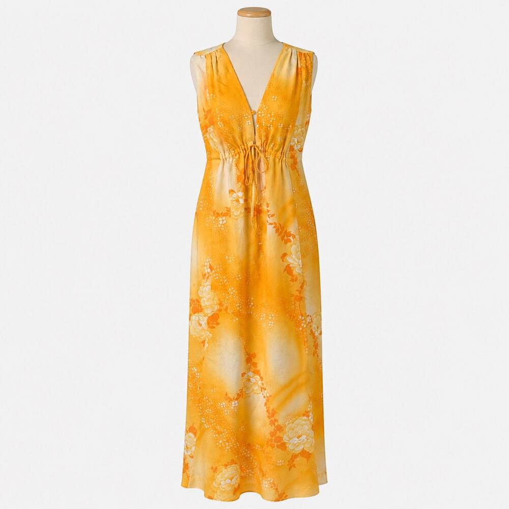 Vintage 70s Orange Floral Hawaiian Maxi Dress Sleeveless Hostess Dress XL -
